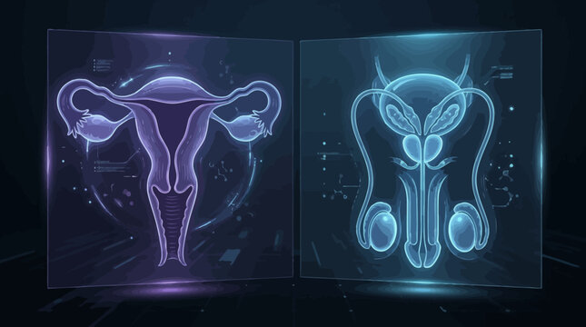 Digital representation of male and female reproductive systems in neon glow.