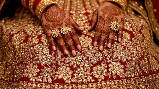 Close-up of Indian Brides Hands Adorned with Henna and Jewelry.