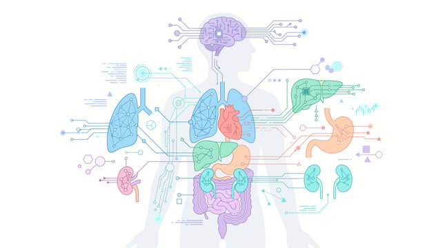 Human Body Systems Diagram with Organs and Connections.