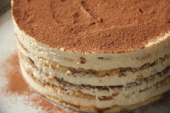 Tiramisu cake with espresso soaked sponge and mascarpone cream