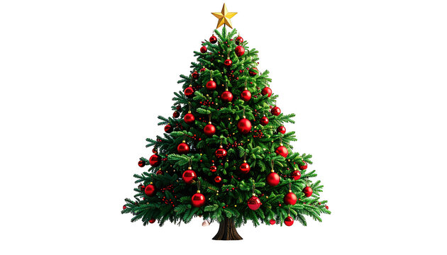 A beautifully decorated Christmas tree with red baubles and a golden star on top, perfect for holiday celebrations and festive greetings