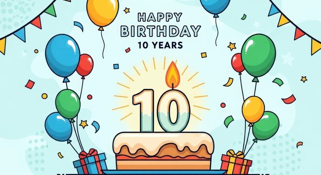 A colorful illustration of a birthday scene with a cake, balloons, and confetti celebrating a decade