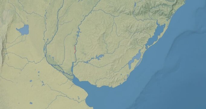 Uruguay on Globe. Zoom into the country with Earth spinning on dark background. Physical world map with Uruguay and label on it. Country view animation.