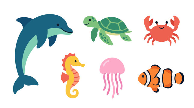 Cute sea animals and marine life icon set vector illustration