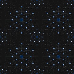 Futuristic digital data connection seamless pattern on black background with abstract sci-fi constellation mesh. © Dunzz