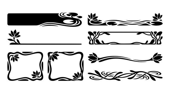 Organic black and white vector stencil set featuring lotus flowers, flowing water streams, lily pad text boxes, and elegant rectangular floral frames