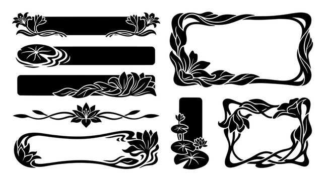 Black and white silhouette vector set of elegant water lily floral banners, blank text boxes, rectangular frames, and flowing plant leaf borders