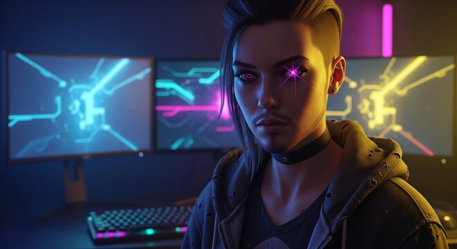 Gamer with glowing eyes looking into the screen in a dark room