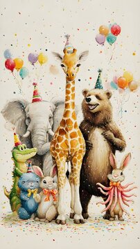 Oil painting watercolor on paper, colorful forest animals jiraffe cocodrile bear rabbit and octupus celebrating in a party with confeti, beige background