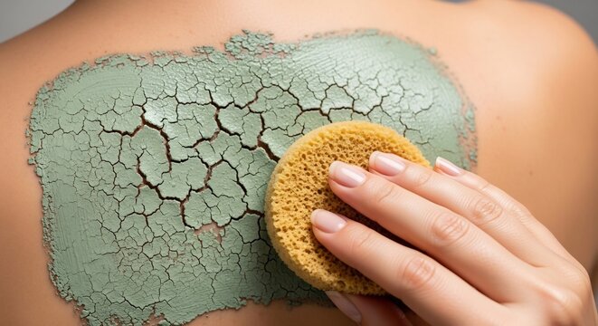 Close-up of a persons back receiving a therapeutic mud mask treatment.