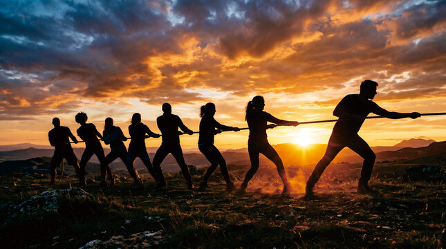 Team Building Activity: Group of People Pulling Rope in Tug of War at Sunrise