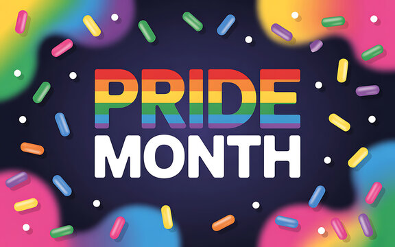 Vibrant pride month graphic with rainbow colors and confetti on dark background celebrating lgbtq pride