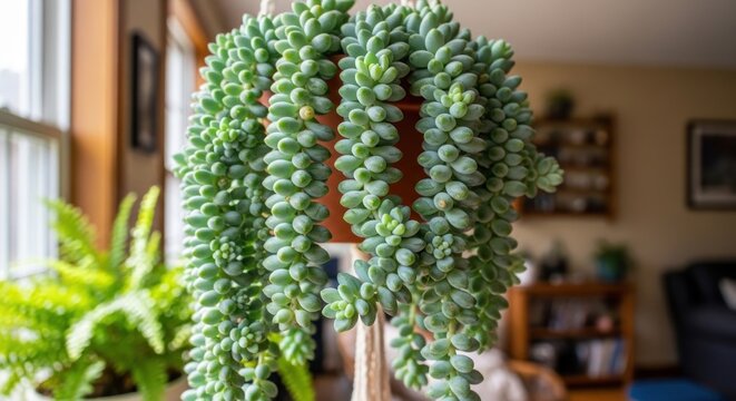 A close-up view of trailing succulents in a hanging orange pot indoors