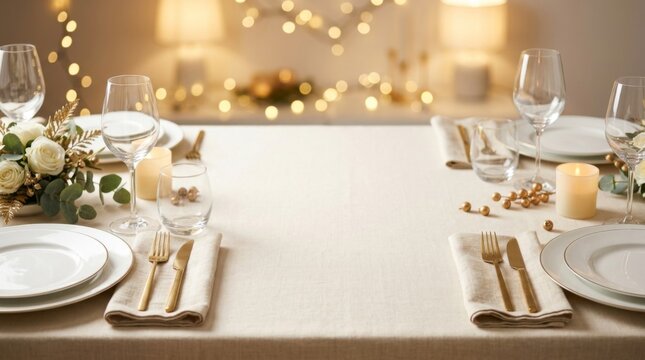 Elegant Dinner Table Setting with Gold Cutlery and White Roses