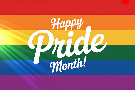 Vibrant rainbow flag with happy pride month text overlay, celebrating lgbtq pride and diversity with colorful stripes and bright light