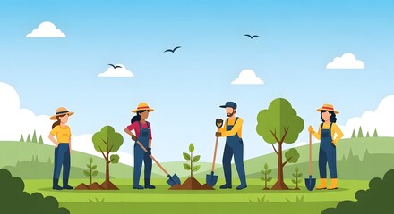 Fototapeta premium Gardeners in overalls use shovels to plant new saplings in a sunny rural landscape.