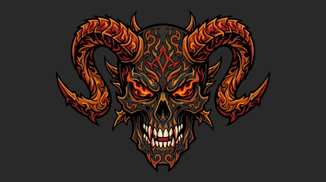 Intricate Demonic Skull with Fiery Horns and Glowing Eyes.