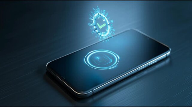  Mobile antivirus concept with a smartphone on a clean surface showing successful malware scan