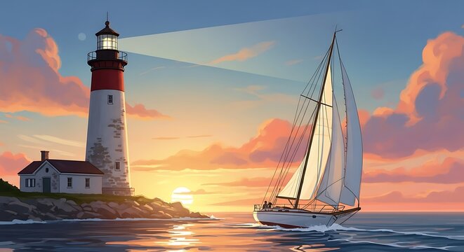 Lighthouse and sailboat.