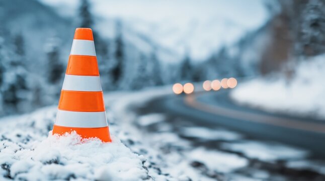 Cone on snowy road shoulder, orange and white traffic safety warning hazard in winter snow