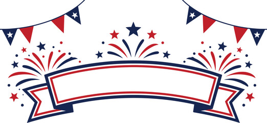 Obraz premium Decorative patriotic vector banner illustration featuring red and blue fireworks with festive bunting hanging above elements