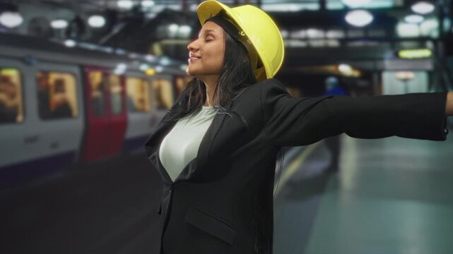 Woman architect in yellow hardhat with arms outstretched on train platform building, eyes closed smiling; confidence achievement.