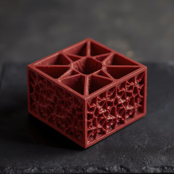 Avant-garde geometric dessert with velvet red cocoa finish