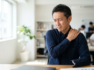Naklejka premium 肩こり・首こりに悩む50代アジア人男性のポートレート