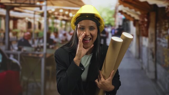 Woman architect holding rolled blueprints and cupping hand to mouth while smiling on street; confidence planning teamwork.