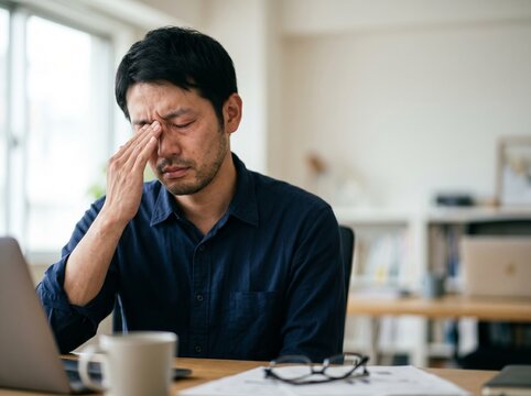 目の疲れ・眼精疲労に悩む40代アジア人男性のポートレート