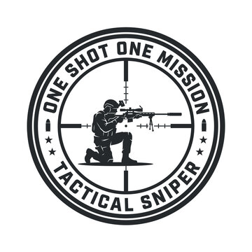 One shot one mission tactical sniper kneeling vector stamp logo