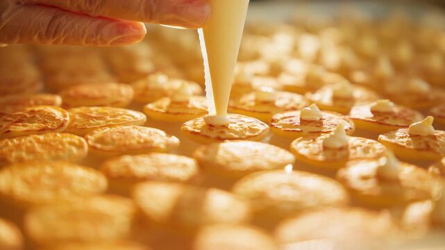 Close-up shot of skilled hands piping smooth cream filling from pastry bag onto golden Dutch poffertjes mini pancakes. Warm ambient lighting creates soft shadows across perfectly browned surfaces.