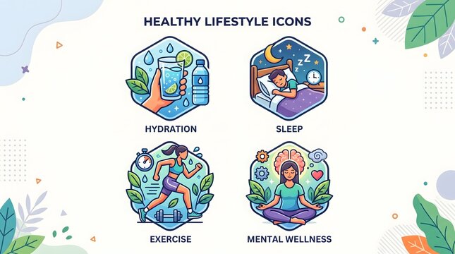 A set of four illustrated icons representing healthy lifestyle choices: hydration, sleep, exercise, and mental wellness. Each icon features a stylized depiction of the activity with relevant motifs