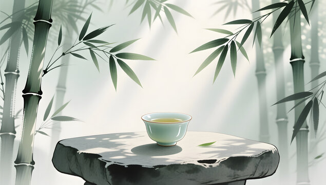 Oriental ink illustration of cool tea in a tranquil bamboo forest for Xiaoshu