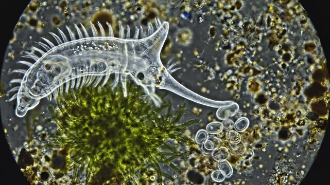 Microscopic view of a tardigrade feeding on algae and bacteria in its natural habitat.