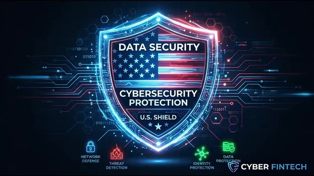 Data security shield featuring american flag motifs with glowing digital circuit lines in this dynamic motion graphics animation video footage