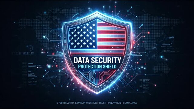 Data security shield with glowing american flag design and binary code background in this high quality abstract digital motion footage