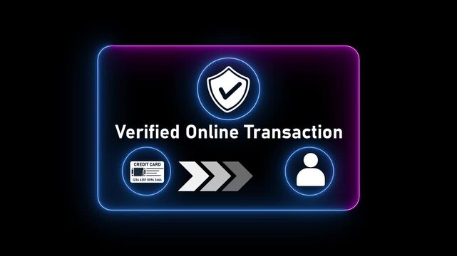 Secure online payment verification process animation with checkmark symbol and play button