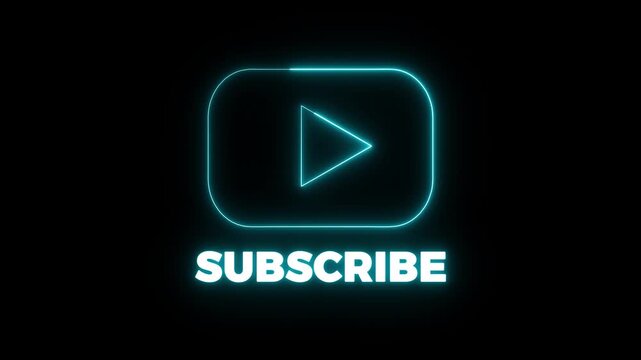 A glowing blue neon play button icon with subscribe text icon animation on black background.Abstract subscribe,watch now,play button icon animation.