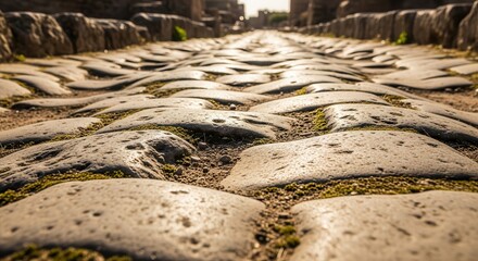 Obraz premium Low angle view of an ancient Roman stone paved road.