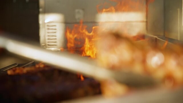Dramatic close-up of juicy steaks searing on a commercial grill with intense orange flames rising high in a professional restaurant kitchen, warm golden light illuminating the sizzling meat and smoke.