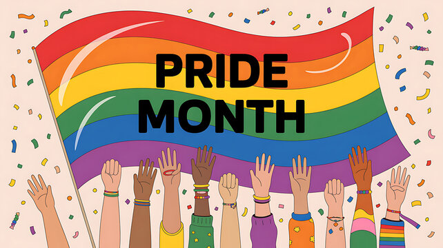 Pride month celebration with rainbow flag and raised hands in colorful confetti on light peach background