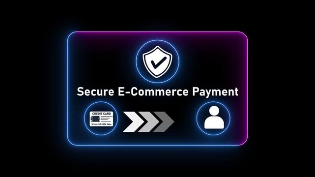 Secure e- commerce payment interface animation neon glow blue background