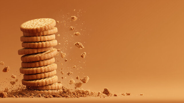 Celebrating National Biscuit Day with a stack of biscuits falling on sandy ground