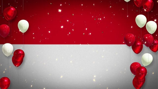 Loop. Monaco flag. Celebrations, events, sports, football, motorsport, rally, Monte Carlo, tennis, yachting, rugby. Background, introductions. Confetti, red and white balloons. Copy space. Monaco.
