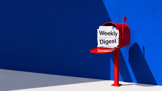 Horizontal view of red mailbox full of envelopes with "Weekly Digest" text against vibrant blue wall