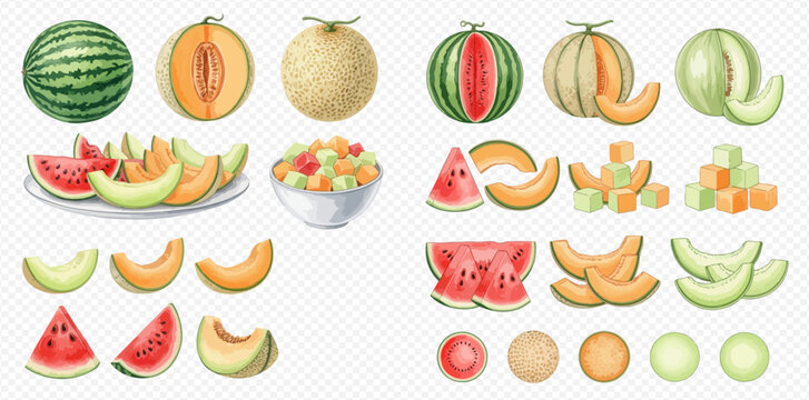 Watercolor illustration set of fresh, ripe watermelons, cantaloupes, and honeydew melons, whole and sliced, with fruit salad and cubes.