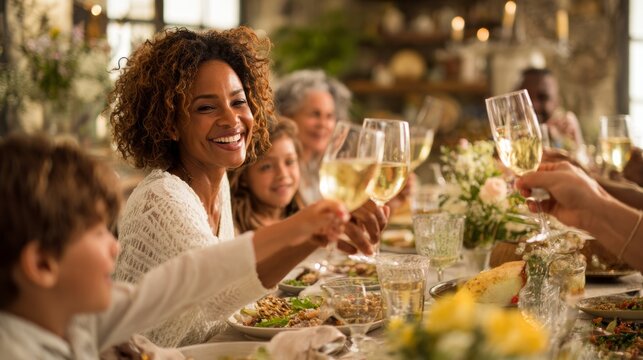 Restaurant celebration family toast dining table smiling woman child glass wine dinner gathering
