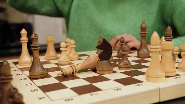 Chess board game with chess pieces on wooden chessboard showing strategy competition and intelligence in play