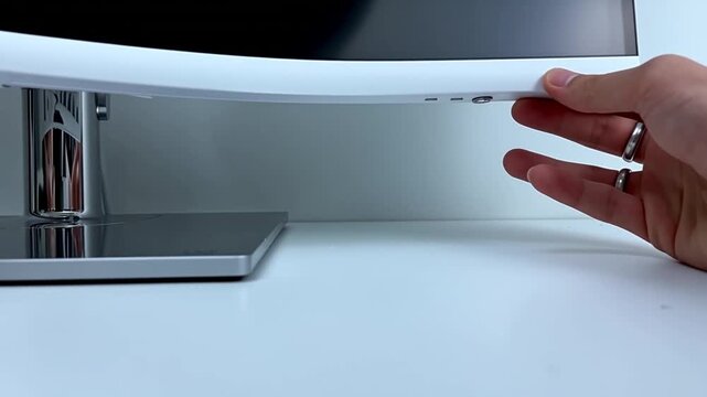 Close up of a woman's hands adjusting the angle of a white computer monitor screen